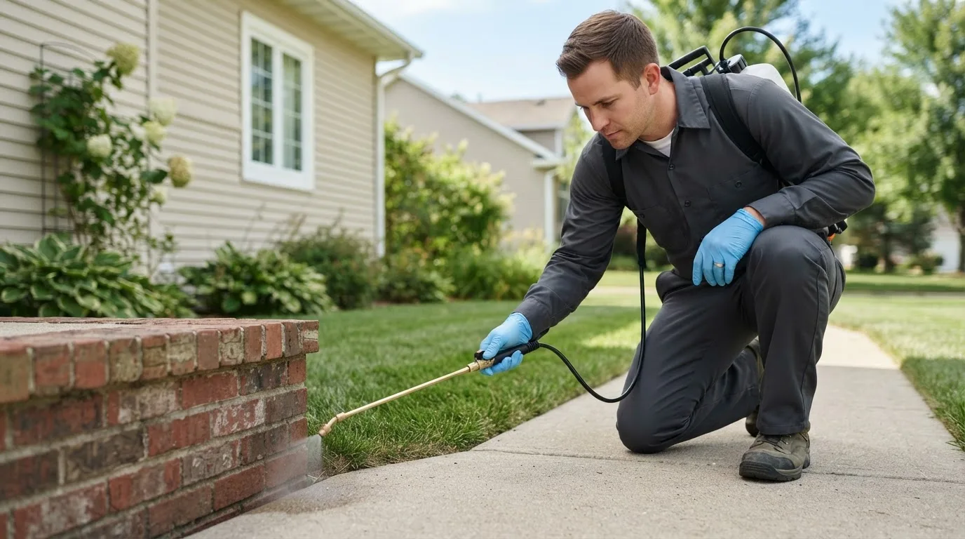 Pest control technician treating a home near Hampton, NY