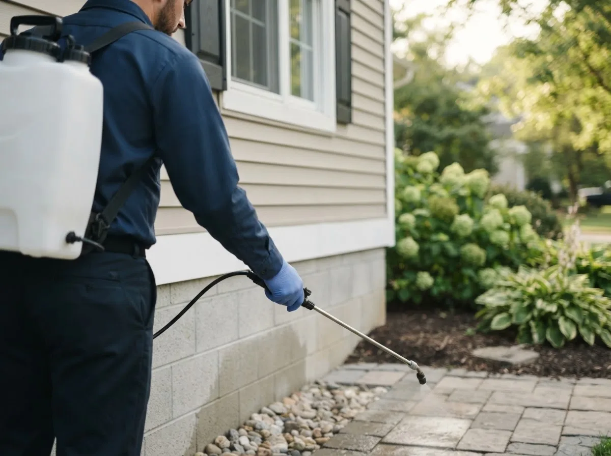 Pest control technician inspecting a home in Hampton, NY
